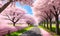 Beautiful road along with sakura trees. Generative AI