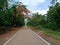 A beautiful road side view of village around green forest and flower trees