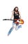 Beautiful rock-n-roll girl jump with guitar