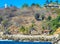 Beautiful rocks cliffs view waves at beach coast panorama Mexico