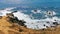 Beautiful rocks cliffs view waves at beach coast panorama Mexico