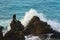 Beautiful rocks at seaside. Beautiful nature background. Mountains and waves.