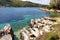 Beautiful rocky beach at Kassiopi in Corfu island, Greece