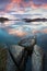 Beautiful rocky shoreline at Uttakleiv Beach in morning, Vestvagoy, Lofoten Islands archipelago, Norway.