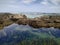 Beautiful rocky tidal pool with clear water and seaweed overlooking the sea