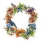 Beautiful rococo baroque with tropical forest flowers and birds butterfly tree spring branches leaves isolated wreath