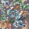 Beautiful rococo baroque with tropical forest flowers and birds tree spring branches leaves pattern