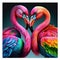 Beautiful romantic flamingos joining their heads in the shape of a heart. Dark background. Generative AI