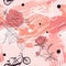 Beautiful romantic seamless pattern with bicycles tandem, roses and dots on abstract watercolor stains