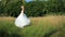 Beautiful romantic stylish blonde bride in white dress dancing in the green field in the sun
