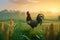 Beautiful Rooster standing on the grass in blurred nature green background. Neural network AI generated