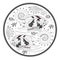 Beautiful round plate with maritime decoration. Medallion with fantastic fishes. Black and white page for coloring book.