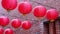 Beautiful round red lantern hanging on old traditional street, concept of Chinese lunar new year festival, close up. The undering