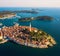 Beautiful Rovinj at sunset. Aerial photo. The old town of Rovinj, Istria, Croatia