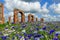 Beautiful ruins of an old barn made of boulders and red bricks in the middle of a field of cornflowers, colorful field of