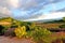 Beautiful rural landscape with blue sky, spectacular clouds and wheat fields in Auvergne region in France