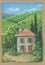 Beautiful rural quiet pleasant landscape, painted on kraft paper with pastels. Landscape of the cottage against the backdrop of