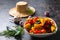 Beautiful rural still life of collection peppers in plate