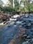 Beautiful rushing stream with rocks and wood