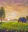 Beautiful Russian countryside landscape oil painting old wooden house in flower field at sunset