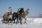 A beautiful Russian troika of horses rides through the arena in