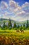 Beautiful rustic countryside landscape with horses animals oil painting