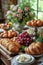 Beautiful rustic set Easter brunch table with fresh flowers, pastries, grape and eggs