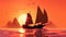 A beautiful sailboat gliding through the ocean as the sun sets on the horizon, Silhouette of a Chinese junk boat against a sunset