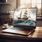 Beautiful sailboat and seawater protrude from laptop screen, transition of virtual reality to real one,