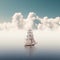 Beautiful sailboat with white sails floats among clouds across sky,