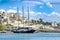 Beautiful sailing wooden yacht at marina Zeas in Piraeus city. Greece.