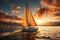 Beautiful sailing yacht in the sea at orange summer sunset