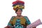 Beautiful saleswoman woman holding traditional loincloths on her head smiling