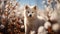 Beautiful Samoyed puppy sitting in the nature, melting snow around and spring flowers, blooming season, sun, spring colors.