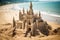 A beautiful sand castle built on the ocean shore.