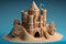 Beautiful sandcastle on blue background with sand. Generative AI