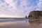 Beautiful sandy beach on atlantic coastline in sunset glow, hendaye, basque country, france