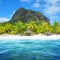 Beautiful sandy beach with Le Morne Brabant mountain on the south of Mauritius island.