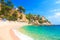 Beautiful sandy beach in Lloret de Mar, Spain, Costa Brava. Turquoise water in spanish resort