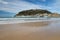 Beautiful sandy beach in san sebastian with monte urgull, spain