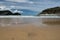 Beautiful sandy beach in san sebastian with monte urgull, spain