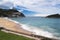 Beautiful sandy beach with view on monte igueldo / igeldo in san sebastian, spain