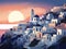 Beautiful Santorini in illustration view. The view at sunset.