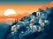 Beautiful Santorini in illustration view. The view at sunset.