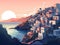 Beautiful Santorini in illustration view. The view at sunset.