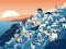 Beautiful Santorini in illustration view. The view at sunset.