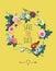 Beautiful Save The Date design template with garland of rose flowers and cute bird against yellow background. Vector