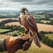 Beautiful scene of a falcon seated on falconer\\\'s gloved hand