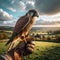 Beautiful scene of a falcon seated on falconer\\\'s gloved hand