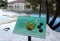 Beautiful scene of lake, trees and fresh snow, with educational sign, Green Lakes State Park, New York, 2018